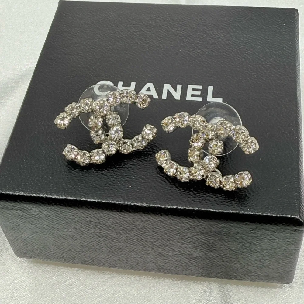 Chanel Large Silver Crystal CC Statement Earrings - Picture 1 of 11